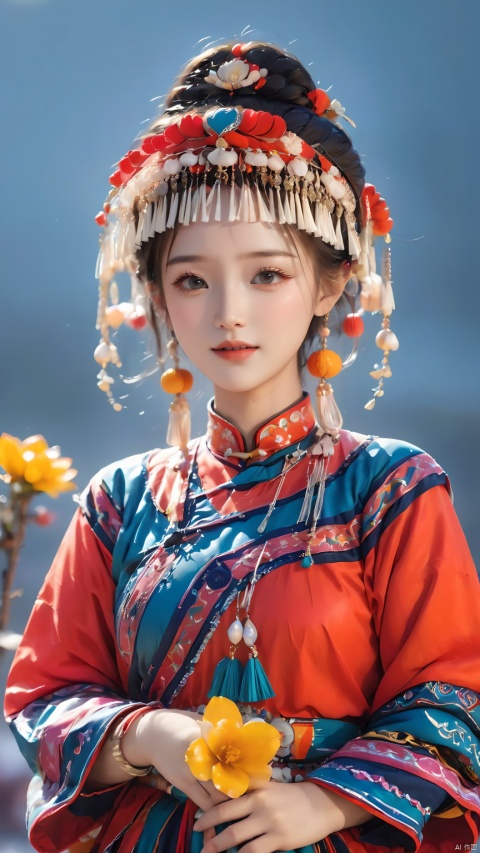  1girl,(Dynamic Pose:1.5),Chinese Yi ethnic clothing,Silver metal headwear,Yi ethnic metal jewelry,A girl from the Yi ethnic group holds hands and performs a traditional dance. She is dressed in Yi ethnic costumes and has a bright smile, showing off her youthful vitality, 1girl, hand