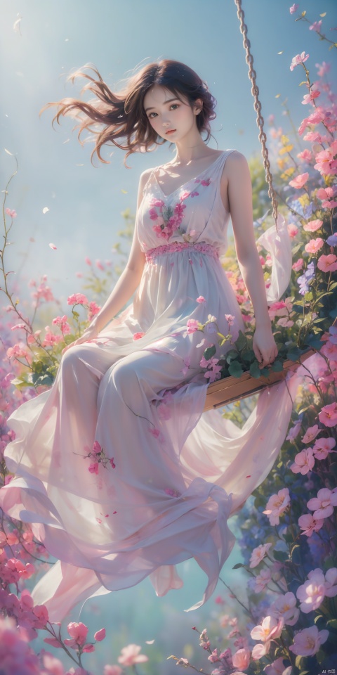  Garden girl, sitting on a swing, enjoying the breeze, surrounded by beautiful gardens and green fields. The picture was warm and quiet., 1girl, sdmai, tm
