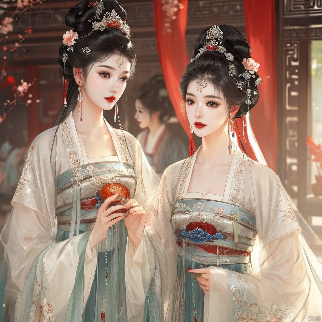  (best quality), ((masterpiece)), (highres),solo focus, detailed illustration of girls in stunning Hanfu attire are talking to each others, at an ancient Chinese banquet. Adorned with jewelry and beautiful hair ornaments, they exude elegance. Their black hair, red lips, facial decoration, and traditional makeup complement their attire. Each girl's long sleeves, earrings, and intricate hairstyles add to their charm. Despite their number, the focus remains on their collective beauty and grace.