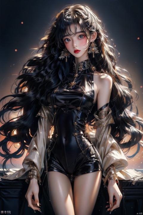  (8K), (portrait shot), (backlight), (yellow light), ((international masterpiece)), (quality), (ultra high definition), (super realistic), dark atmosphere, a girl with long curly hair , wearing a tight black tights, standing, applying lipstick, holding lipstick in hand, long hair, wearing a coat, exquisite facial features, tights looming, collar, shorts, torn socks,, the background is the sunset, golden ink,sssr,full_body