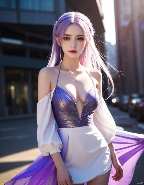 1girl, solo, dutch angle, falling, building, broken glass, lens flare, sunset, purple eyes, ground vehicle, purple hair, white hair, very long hair, multicolored hair, hair between eyes, looking at viewer, evil grin, black dress, bare shoulders, detached sleeves, twin braids, film grain, light and shadow, detailed lighting, aesthetic, amazing quality, 
