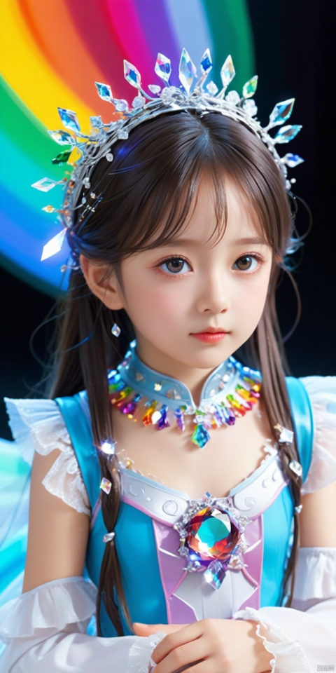  masterpiece, most detailed quality, masterpiece, best quality, official art, extremely detailed CG unity16k wallpaper, masterpiece, ((6 year old girl), little princess, loli, small face, well-proportioned features, good figure, well proportioned , (sci-fi: 1.1), (ultra-fine crystal: 1.5), (crystal loli: 1.5), kaleidoscope, ((rainbow: 1.5) long hair), (silver eyes sparkling), sitting, surrounded by colorful crystals, Wet skin texture, (Skin with Crystal Fusion: 1.8), head looking up, simple clothes, clear crystals, flat dark background, lens flare, prism,