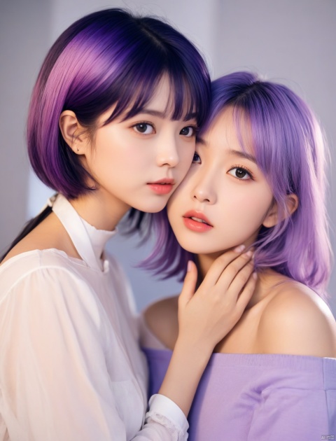 rating_explicit, Komi Shouko and Komi Shuuko,  
(2girls), purple hair, purple eyes, medium breast, blush, swept bangs, (Komi Shouko, long hair), (Komi Shuuko, short hair), (yuri), looking at another, looking at each other), after kiss, (saliva trail), open mouth, heavy breathing, from side, tilted head, hand on another cheek, embrace,