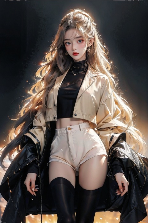  (8K), (portrait shot), (backlight), (yellow light), ((international masterpiece)), (quality), (ultra high definition), (super realistic), dark atmosphere, a girl with long curly hair , wearing a tight black tights, standing, applying lipstick, holding lipstick in hand, long hair, wearing a coat, exquisite facial features, tights looming, collar, shorts, torn socks,, the background is the sunset, golden ink,sssr,full_body