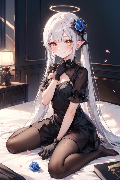  1girl, dress, black flower, gloves, halo, flower, pantyhose, pointy ears, black rose, black dress, long hair, smile, black gloves, wariza, solo, rose, sitting, yellow eyes, hair ornament, looking at viewer, character doll, twintails, blush, black pantyhose, closed mouth, hair flower, small breasts, very long hair, blunt bangs, breasts, blue rose, no shoes, short sleeves, white hair, indoors, on bed, hand on own chest, petals