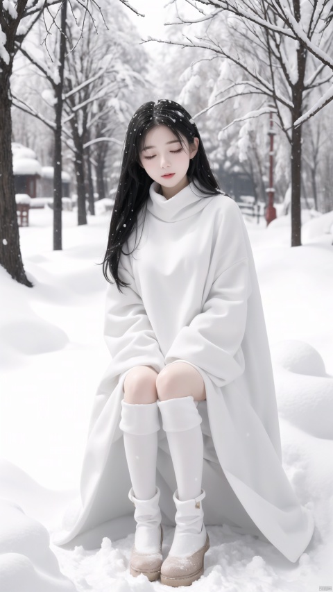  A girl sitting in the white snow closed her eyes and her body had turned white, Be covered with snow, All white, all white, all snow, (full_body:1.2), (full body:1.2), 
, sg,