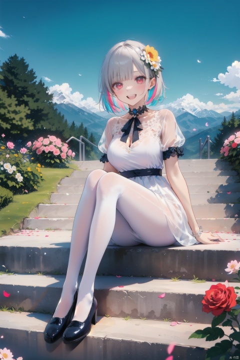  Ultra-clear, ultra-detailed, ((detailed depiction)), ultimate picture quality, CG,8k Wallpaper,(((masterpiece))), (((best quality))), ((ultra-detailed)), 1girl,:d,aqua rose,blue flower,blue rose,blue sky,bob cut,bow,choker,colored inner hair,diagonal bangs,dress,dress flower,falling petals,flower,flower bush,flower choker,footwear bow,grey hair,grin,hair flower,hair ornament,inverted bob,looking at viewer,mary janes,mountainous horizon,multicolored hair,open mouth,pantyhose,petals,pink flower,pink rose,red eyes,red hair,rose,see-through,see-through sleeves,shoes,short hair,short sleeves,single wrist cuff,sitting,sitting on stairs,sky,smile,solo,stairs,streaked hair,white bow,white choker,white dress,white footwear,white pantyhose,white wrist cuffs,wrist cuffs, flowers