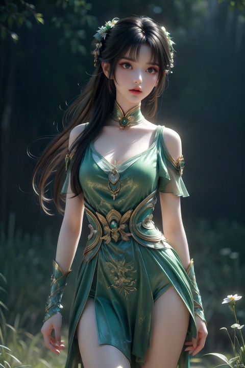 1girl,cowboy shot,hand on own chest,magical abstraction, (green biolumenescent magical glow:1.4), (green tattooes:1.2), (pale skin:1.1), white wavy hair, (delicate and beautiful oriental face), perky breasts, butterflies, (upper thighs shot:1.3), cloudy night, (fantasy style, 8K, masterpiece, best quality:1.15), 
(intricate details:0.9), (hdr, hyperdetailed:1.2),Fantasy,(full body:1.2)