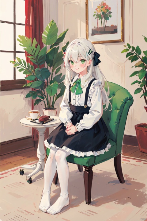 1girl, solo, pantyhose, green eyes, white pantyhose, center frills, long hair, long sleeves, frills, bow, no shoes, sitting, shirt, hair between eyes, skirt, white shirt, smile, chair, bangs, hair bow, looking at viewer, very long hair, closed mouth, blush, frilled skirt, on chair, sleeves past wrists, full body, indoors, black skirt, suspender skirt, green theme, green bow, white bow, feet, plant, white hair, puffy long sleeves, day, suspenders, pantyhose, backlight, cute girl,