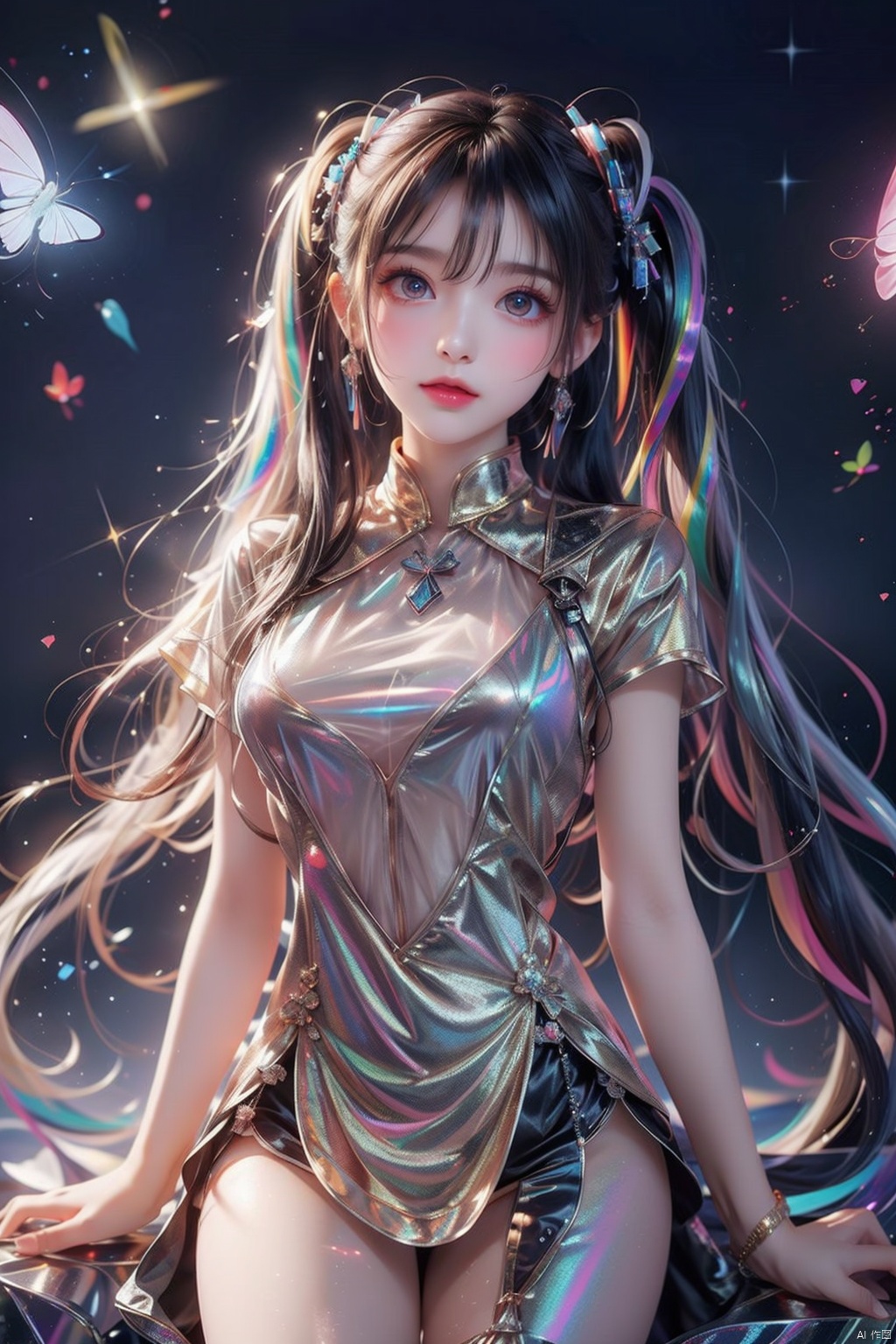  ((best quality)),((masterpiece)), 20-year-old girl, knee shot, hair fluttering, (long hair),jewelry, twintails, hair bun, 

chromatic dispersion, glowing colors, 
(metallic_lustre:1.3), (transparent_plastic:1.1), coloured glaze, Polychromatic prism effect, rainbowcore, iridescence/opalescence, see_through, aluminum foil, glowing ambianc, 
night sky city background, neon, star, standard-breast, ,liuli2,tifa