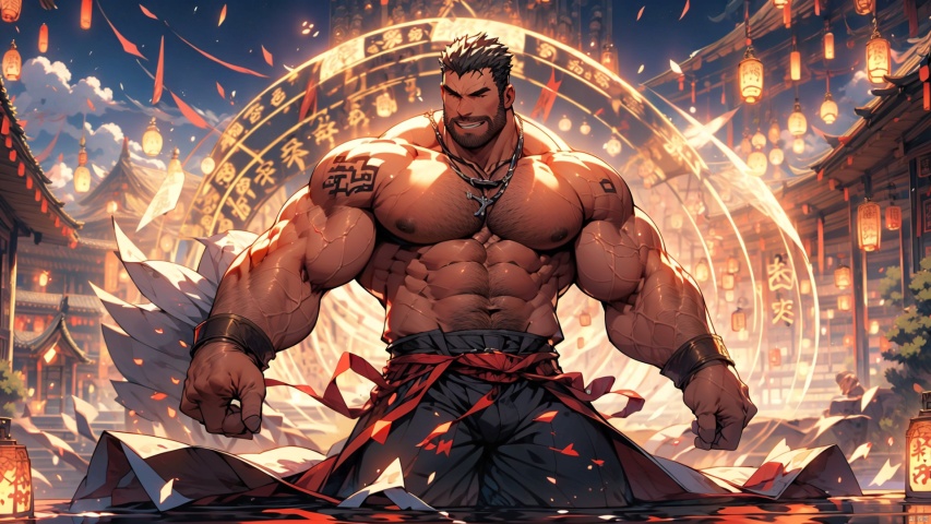  Best quality, masterpiece, ultra high res, detailed background, game_cg,
mature male, muscular male, bara, thick thighs, thick arms, solo, (solo:1.3), 
(topless:1.3), shorts, white hair, jirou, bulge, short_hair, stubble, sideburns, thick_thighs, beard,(arms behind back),stand at attention,(Exaggerated huge Chest muscles : 1.6), Magic Circle,Daofa Rune, magic array cross body,Flowing scroll, fullmoon,