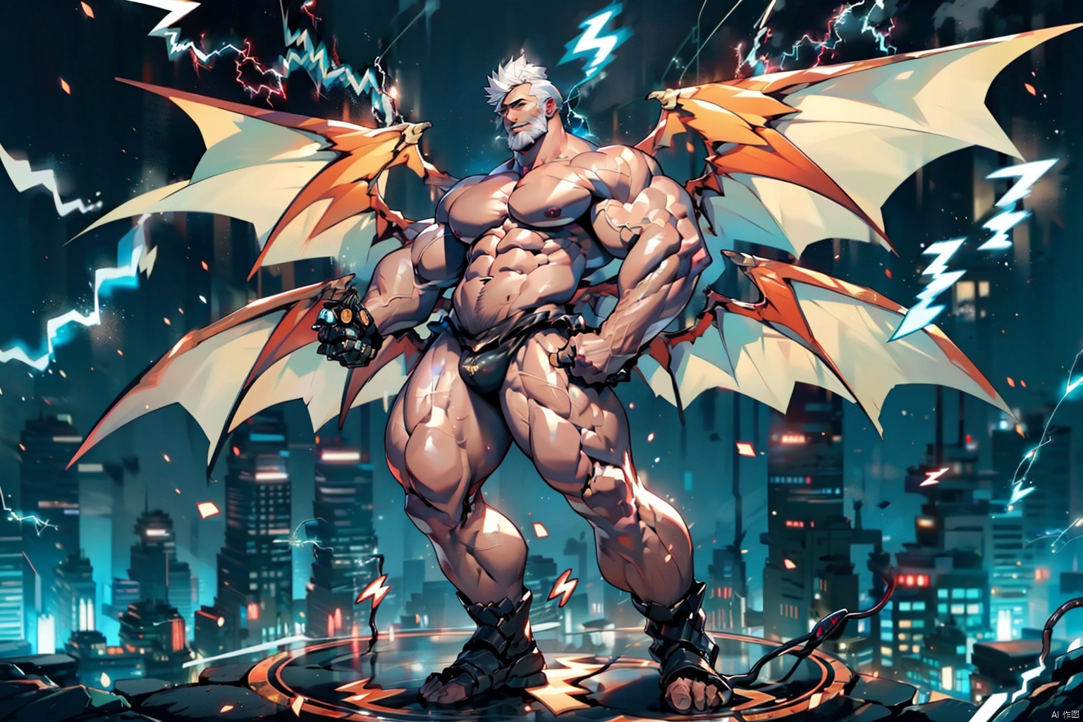  Best quality, masterpiece, ultra high res, detailed background, game_cg, mature male, muscular male, bara, thick thighs, thick arms, solo, looking at viewer, overhead view,
full body, full shot, (solo:1.3), (topless:1.8), white hair, ((huge :1.8) mechpp wings), Mechanical Dragon, scar, camouflage,Magic Circle,Daofa Rune,Flowing scroll,(electricity magic:1.8), sj,