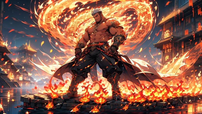  Best quality, masterpiece, ultra high res, detailed background, game_cg,
mature male, muscular male, bara, thick thighs, thick arms, solo, looking at viewer, overhead view,
full body, full shot, (solo:1.3), (dynamic pose:1.3), 
(topless:1.3), shorts, white hair, bulge, short_hair, stubble, sideburns, thick_thighs, beard,(arms behind back),stand at attention,fire Magic Circle,fire Daofa Rune,fire Flowing scroll,(fire 
 magic:1.6), mechpp