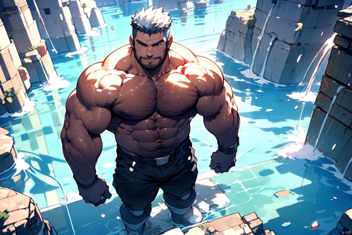  Best quality, masterpiece, ultra high res, detailed background, game_cg, mature male, muscular male, bara, thick thighs, thick arms, solo, looking at viewer, overhead view,
full body, full shot, (solo:1.3), (topless:1.8), white hair,jirou, 