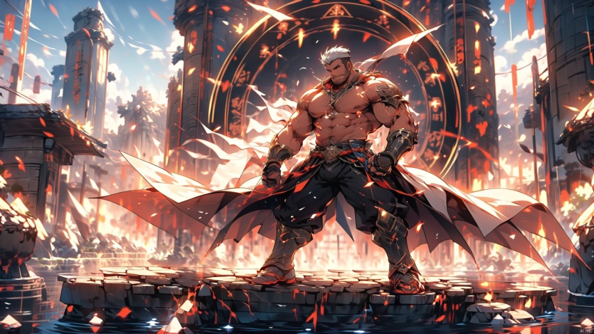  Best quality, masterpiece, ultra high res, detailed background, game_cg,
mature male, muscular male, bara, thick thighs, thick arms, solo, looking at viewer, overhead view,
full body, full shot, (solo:1.3), (dynamic pose:1.3), 
(topless:1.3), shorts, white hair, bulge, short_hair, stubble, sideburns, thick_thighs, beard,(arms behind back),stand at attention,stone Magic Circle,stone Daofa Rune,stone Flowing scroll,(stone 
 magic:1.6), mechpp
