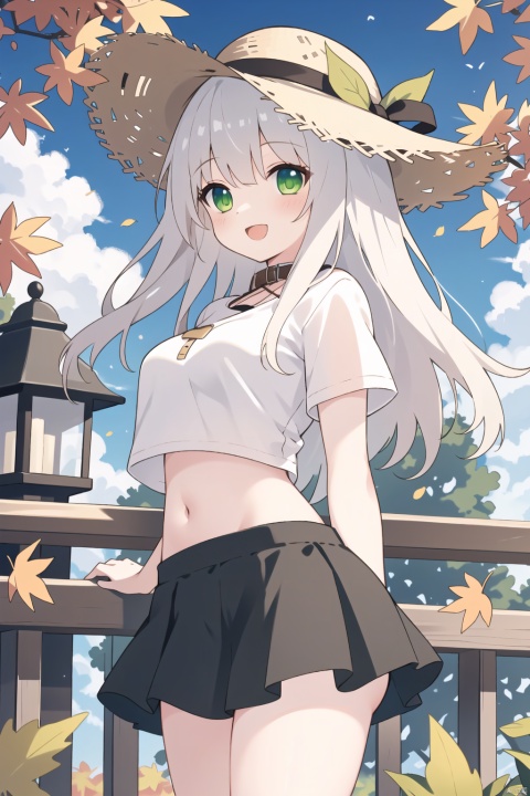  1girl, solo, long hair, breasts, looking at viewer, smile, open mouth, bangs, navel, holding, standing, yellow eyes, white hair, :d, thighs, cowboy shot, outdoors, sky, day, midriff, cloud, stomach, blue sky, crop top, leaf, sunlight, building, autumn leaves, crop top overhang, cutoffs, falling leaves, green eyes, ((poakl)), hands behind back, pink Sports short sleeves, breasts, walking, Raise the butt, straw hat, arms behind back, sexy miniskirt, skirt