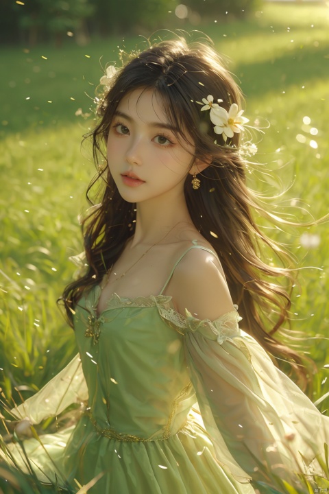  (grass:1.5), 1 girl,solo, blone hair, long hair, princess dress, pretty beautiful makeup, garden, castle, flowers, (\shen ming shao nv\)
