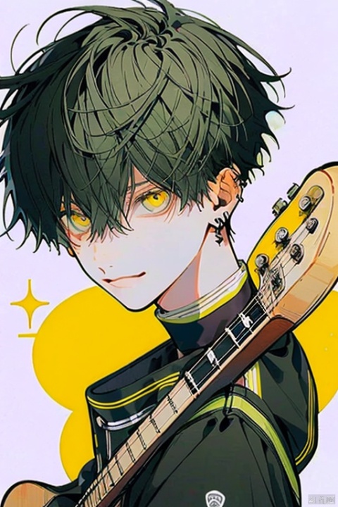  1boy,GenderMale,1boy,
male focus, short hair,solo,
masterpiece, best quality, official art,play guitar
black hair, yellow eyes, school uniform, high school, soft facial expressions, a small smile, uniform,with musical instrument