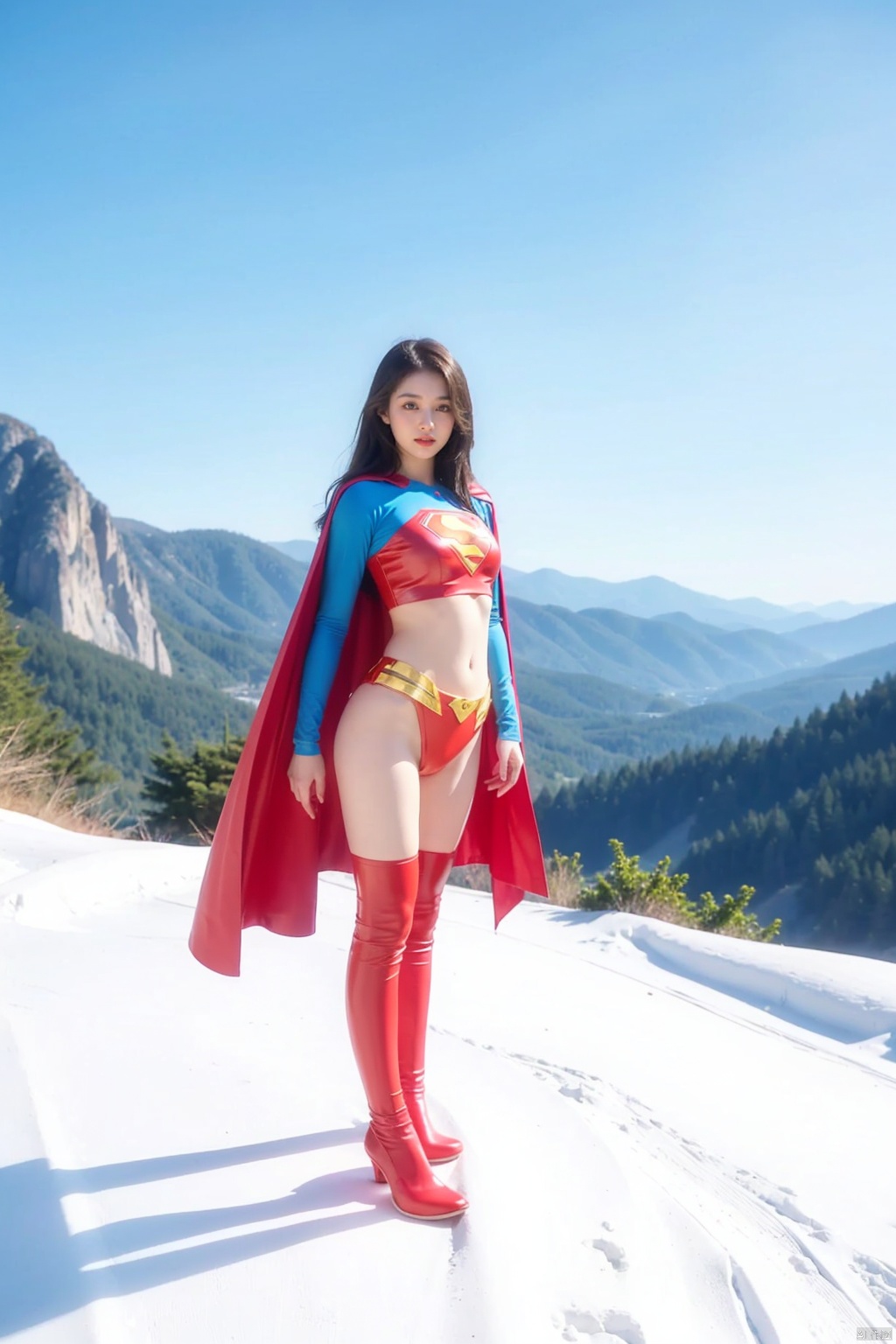 Superwoman, flowing long hair, slim slim figure, tight slim legs, exquisite face, pink white skin, red and blue Superman latex tights, red cape, standing on the top of the mountain