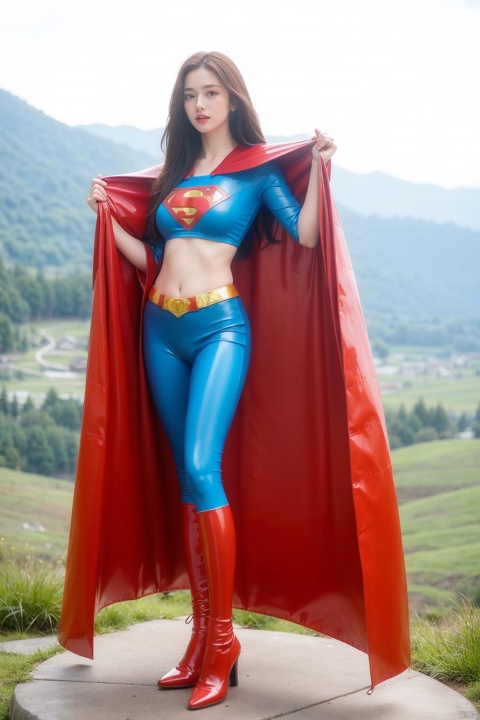  Superwoman, flowing long hair, slim slim figure, tight slim legs, exquisite face, pink white skin, red and blue Superman latex tights, red cape, standing on the top of the mountain