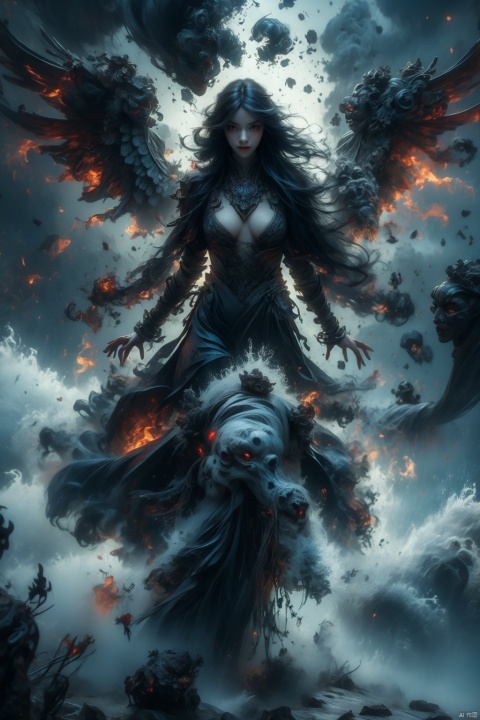  Female ghost king, black hooded cape, slender and slender figure, long red nails, firm and full dripping breasts, bare breasts, exposed breasts, open breasts, silver hair, long flowing hair, red eyes, eyes emitting black flames, holding a bone long sword, black shore flower, black flames around the body, emitting black rage around the body, Floating in the air, feet off the ground, fog, lightning, thunder, storms, huge, broken black demon wings, a demon tail