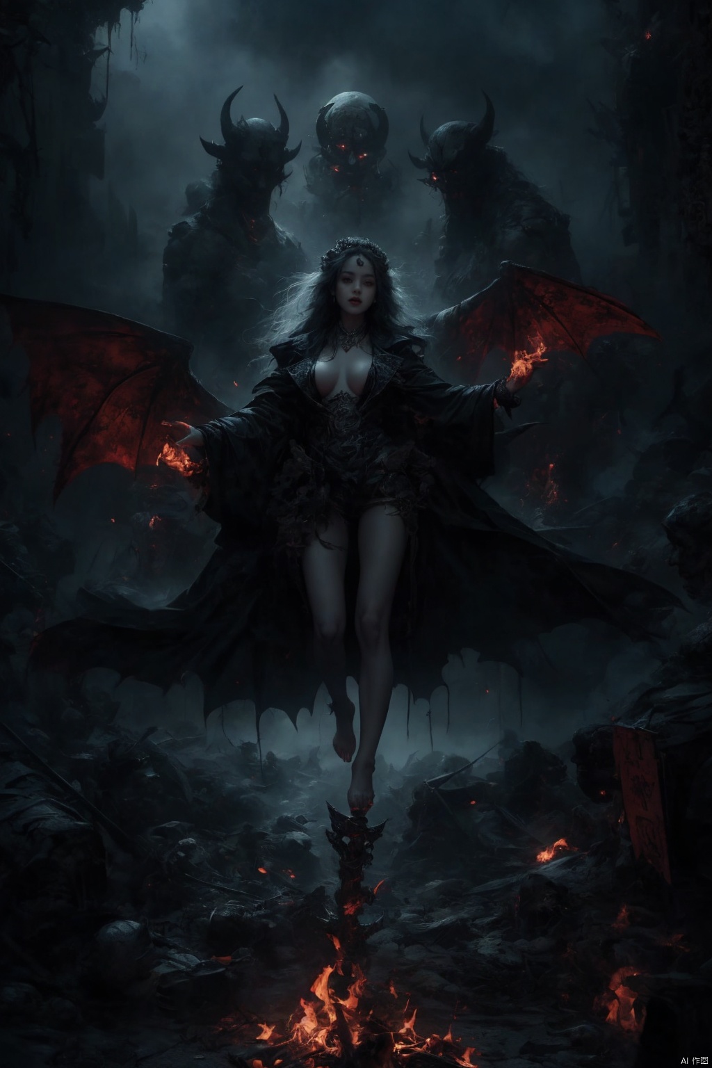  Female ghost king, black hooded cape, slender and slender figure, long red nails, firm and full dripping breasts, bare breasts, exposed breasts, open breasts, silver hair, long flowing hair, red eyes, eyes emitting black flames, holding a bone long sword, black shore flower, black flames around the body, emitting black rage around the body, Floating in the air, feet off the ground, foggy, with giant black bat wings and a demon tail on his back