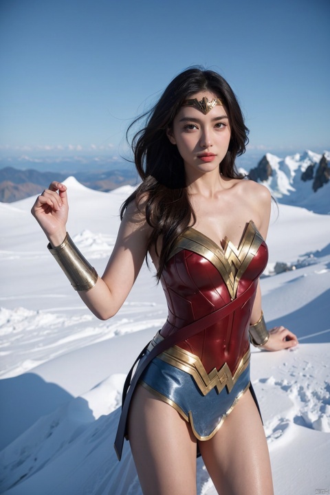  Photo of Wonder Woman standing at the top ofMountEverest,
女超人站在珠穆朗玛峰顶端的照片,
redlips,
红唇