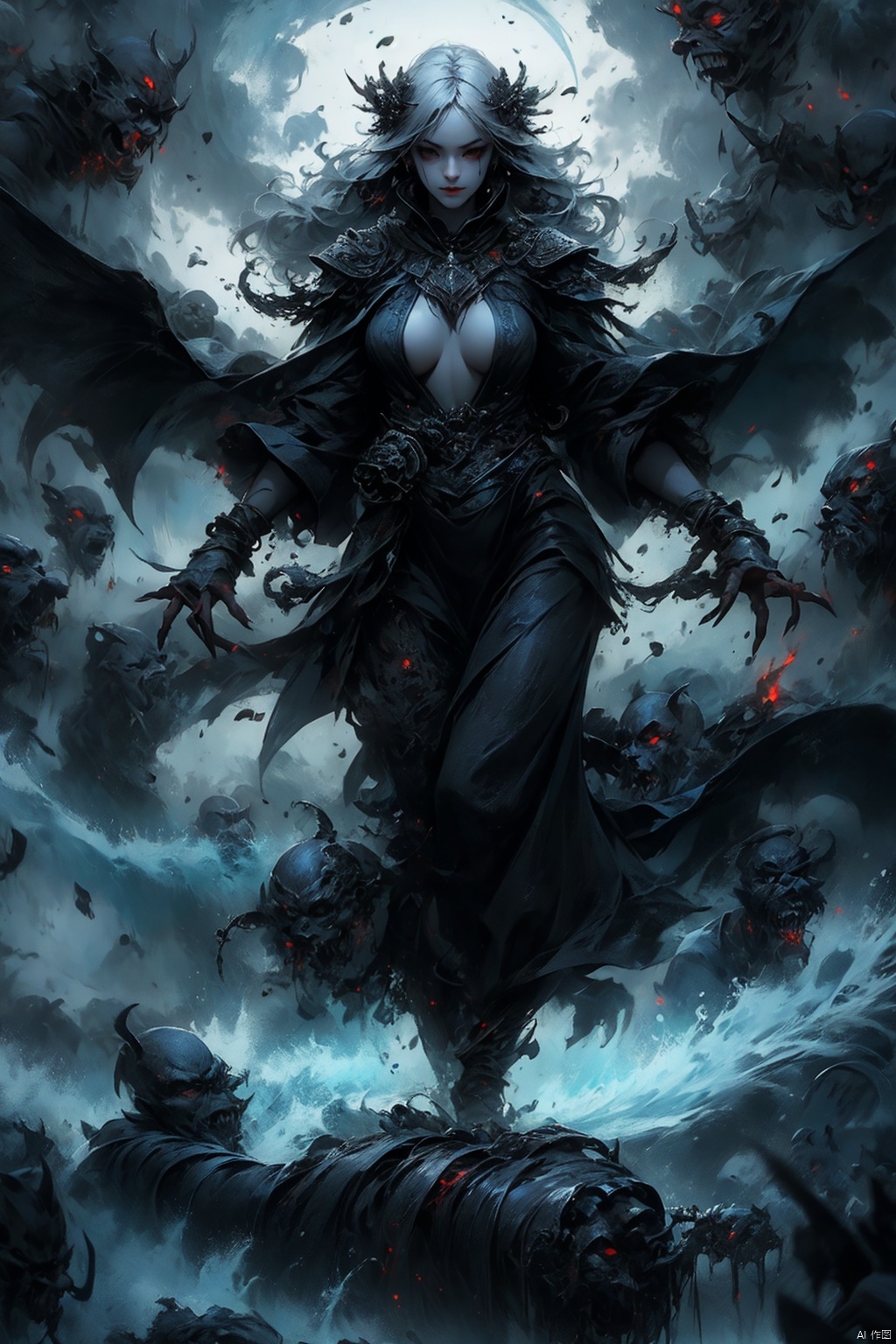  Female ghost king, black hooded cape, slender and slender figure, long red nails, firm and full dripping breasts, bare breasts, exposed breasts, open breasts, silver hair, long flowing hair, red eyes, eyes emitting black flames, holding a bone long sword, black shore flower, black flames around the body, emitting black rage around the body, Floating in the air, feet off the ground, foggy, huge black demon wings spread wide, demon tails