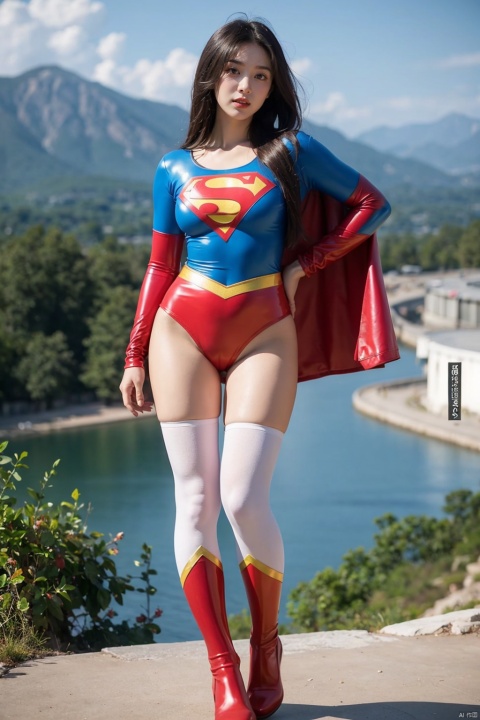 Superwoman, flowing long hair, slim slim figure, tight slim legs, exquisite face, pink white skin, red and blue Superman latex tights, standing on the top of the mountain