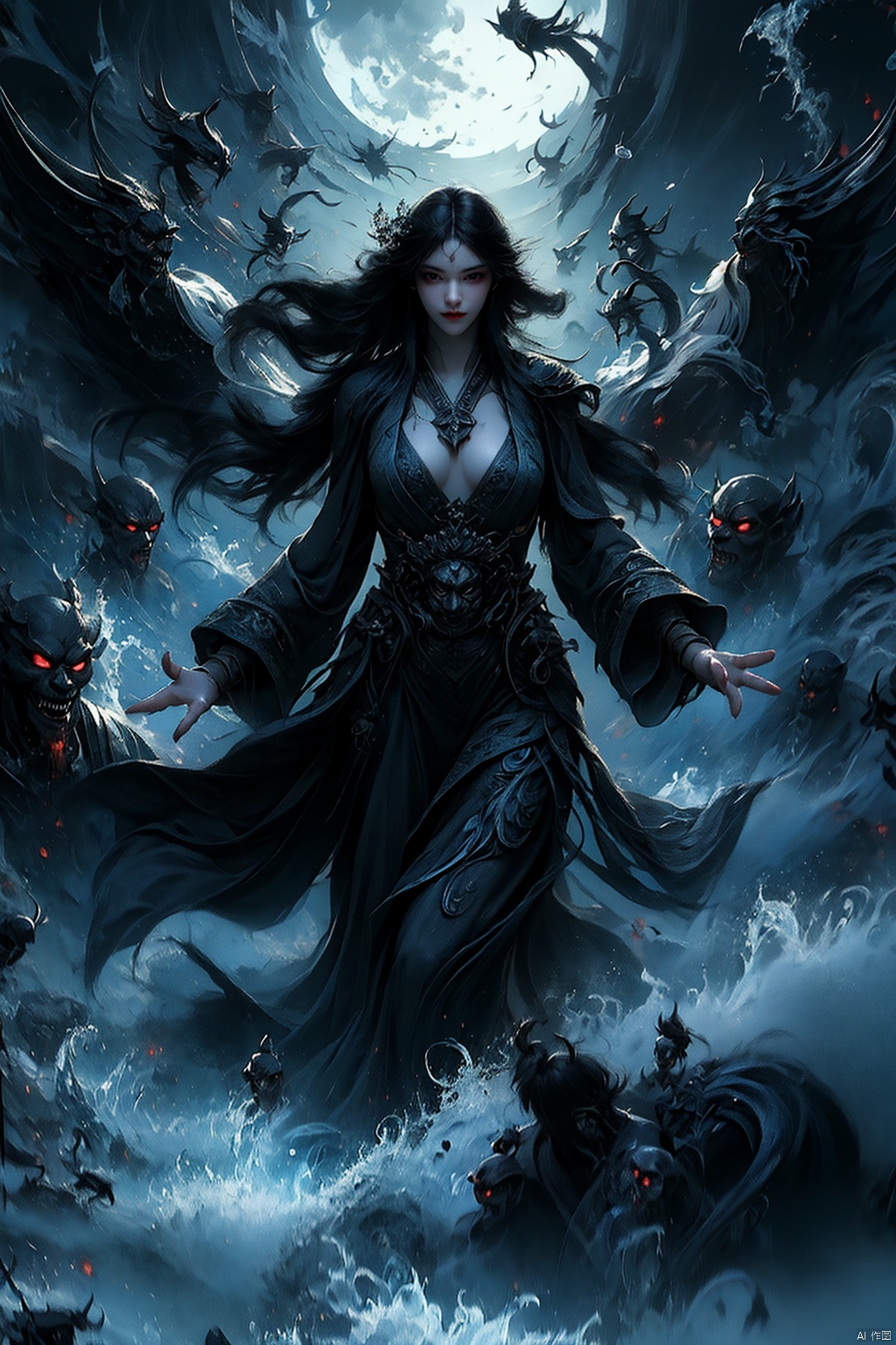  Female ghost king, black hooded cape, slender and slender figure, long red nails, firm and full dripping breasts, bare breasts, exposed breasts, open breasts, silver hair, long flowing hair, red eyes, eyes emitting black flames, holding a bone long sword, black shore flower, black flames around the body, emitting black rage around the body, Floating in the air, feet off the ground, foggy, huge black demon wings spread wide, demon tails