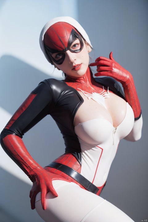  (Female Spider-Man :1.3), Gwen,(White Spider-Man tight latex suit :1.3), long flowing messy hair, white spider,(firm full breasts :1.3),(large breasts :1.2), blade Queen, with four pairs of slender spider legs on her back