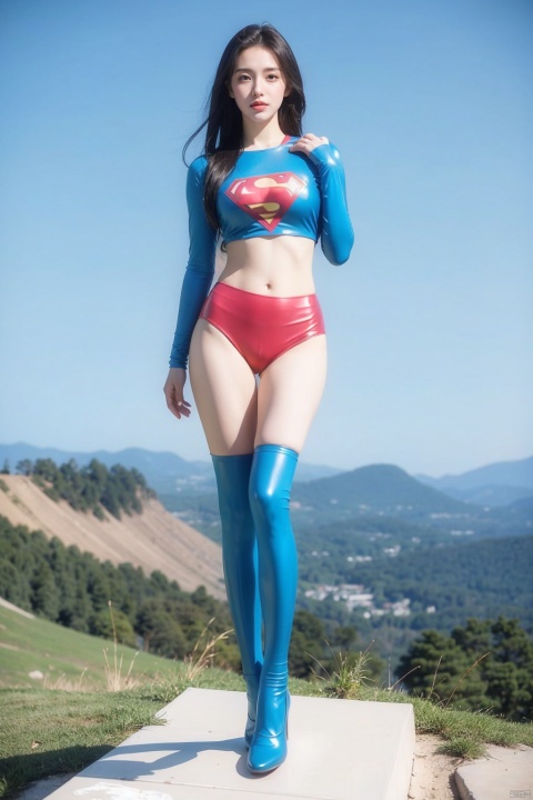  Superwoman, flowing long hair, slim slim figure, tight slim legs, exquisite face, pink white skin, red and blue Superman latex tights, standing on the top of the mountain