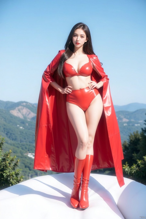 Superwoman, flowing long hair, slim slim figure, tight slim legs, firm plump breasts, cleavage, exquisite face, pink white skin, red and blue superwoman open-chest latex tights, red thong, red cape, standing on the top of the mountain