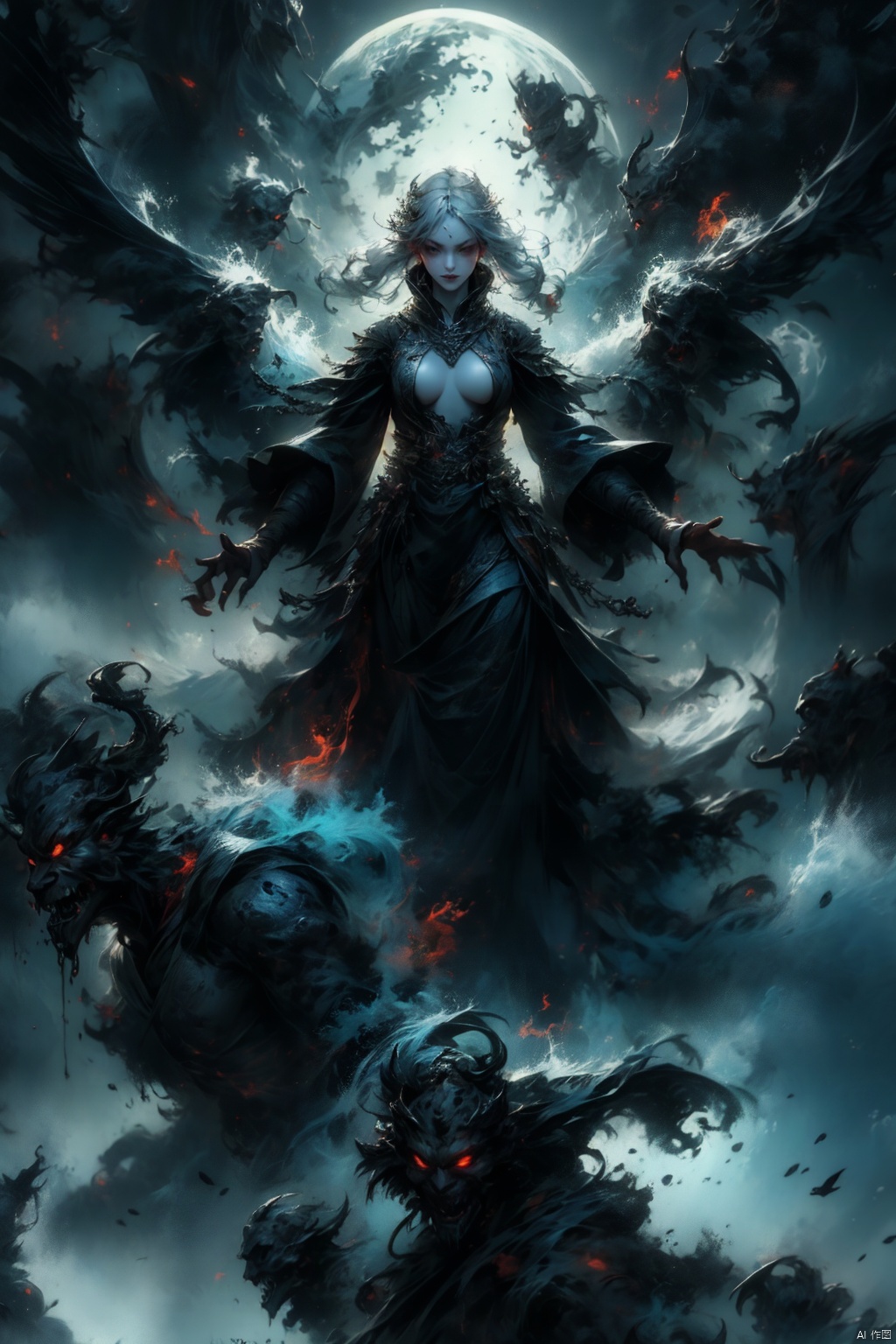  Female ghost king, black hooded cape, slender and slender figure, long red nails, firm and full dripping breasts, bare breasts, exposed breasts, open breasts, silver hair, long flowing hair, red eyes, eyes emitting black flames, holding a bone long sword, black shore flower, black flames around the body, emitting black rage around the body, Floating in the air, feet off the ground, foggy, huge black demon wings spread wide, demon tails