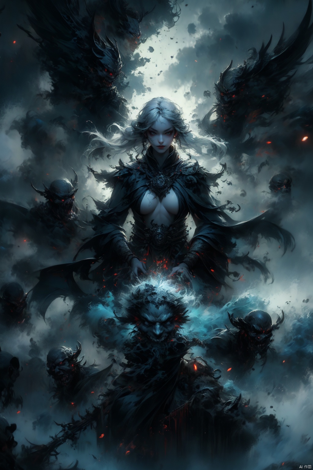 Female ghost king, black hooded cape, slender and slender figure, long red nails, firm and full dripping breasts, bare breasts, exposed breasts, open breasts, silver hair, long flowing hair, red eyes, eyes emitting black flames, holding a bone long sword, black shore flower, black flames around the body, emitting black rage around the body, Floating in the air, feet off the ground, fog in the air, thunder and lightning, storms, huge black demon wings spread wide, demon tails