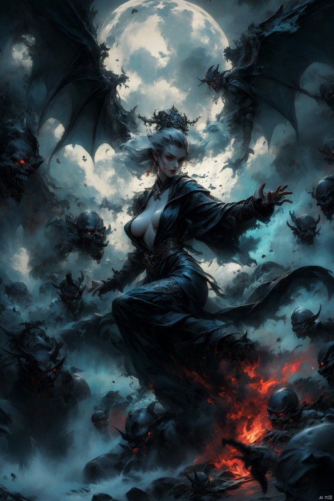  Female ghost king, black hooded cape, slender and slender figure, long red nails, firm and full dripping breasts, bare breasts, exposed breasts, open breasts, silver hair, long flowing hair, red eyes, eyes emitting black flames, holding a bone long sword, black shore flower, black flames around the body, emitting black rage around the body, Floating in the air, feet off the ground, foggy, huge black demon wings spread wide, demon tails