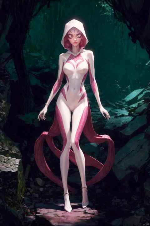  Spider-woman, long flowing hair, Gwen, white spider, slim and slender figure, tight and slender legs, firm and plump breasts, cleavage, exquisite face, pink and white skin, white Spider-Man latex tights, standing in the dark cave of the mountain, behind the lie a huge black spider