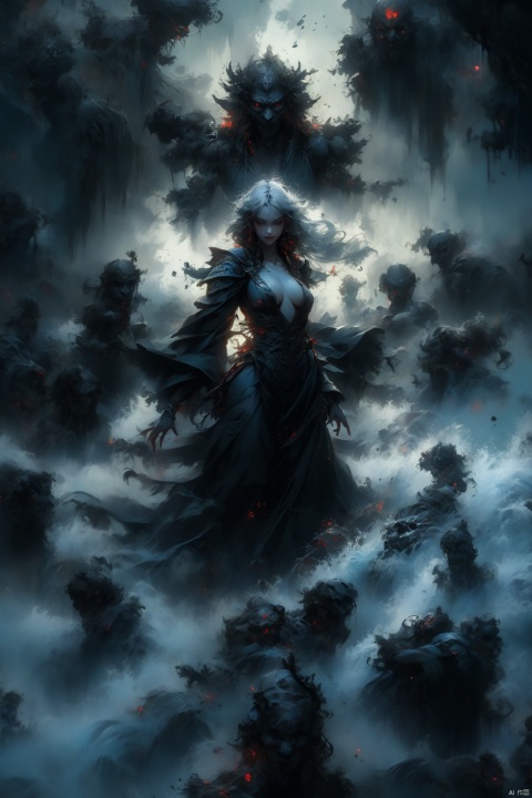 Female ghost king, black hooded cape, slender and slender figure, long red nails, firm and full dripping breasts, bare breasts, exposed breasts, open breasts, silver hair, long flowing hair, red eyes, eyes emitting black flames, holding a bone long sword, black shore flower, black flames around the body, emitting black rage around the body, Floating in the air, feet off the ground, fog, lightning, thunder, storms, huge, broken black demon wings, a demon tail