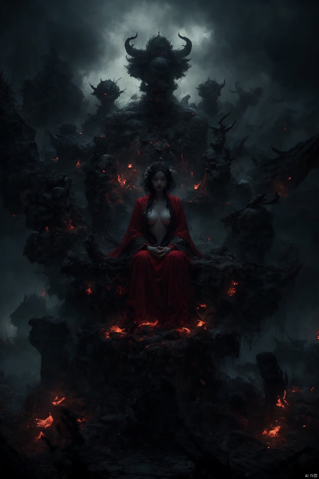  Female ghost king, black hooded cape, slender and slender figure, long red nails, firm and full dripping breasts, bare breasts, exposed breasts, open breasts, silver hair, long flowing hair, red eyes, eyes emitting black flames, holding a bone long sword, black shore flower, black flames around the body, emitting black rage around the body, Floating in the air, feet off the ground, foggy, with giant black bat wings and a demon tail on his back