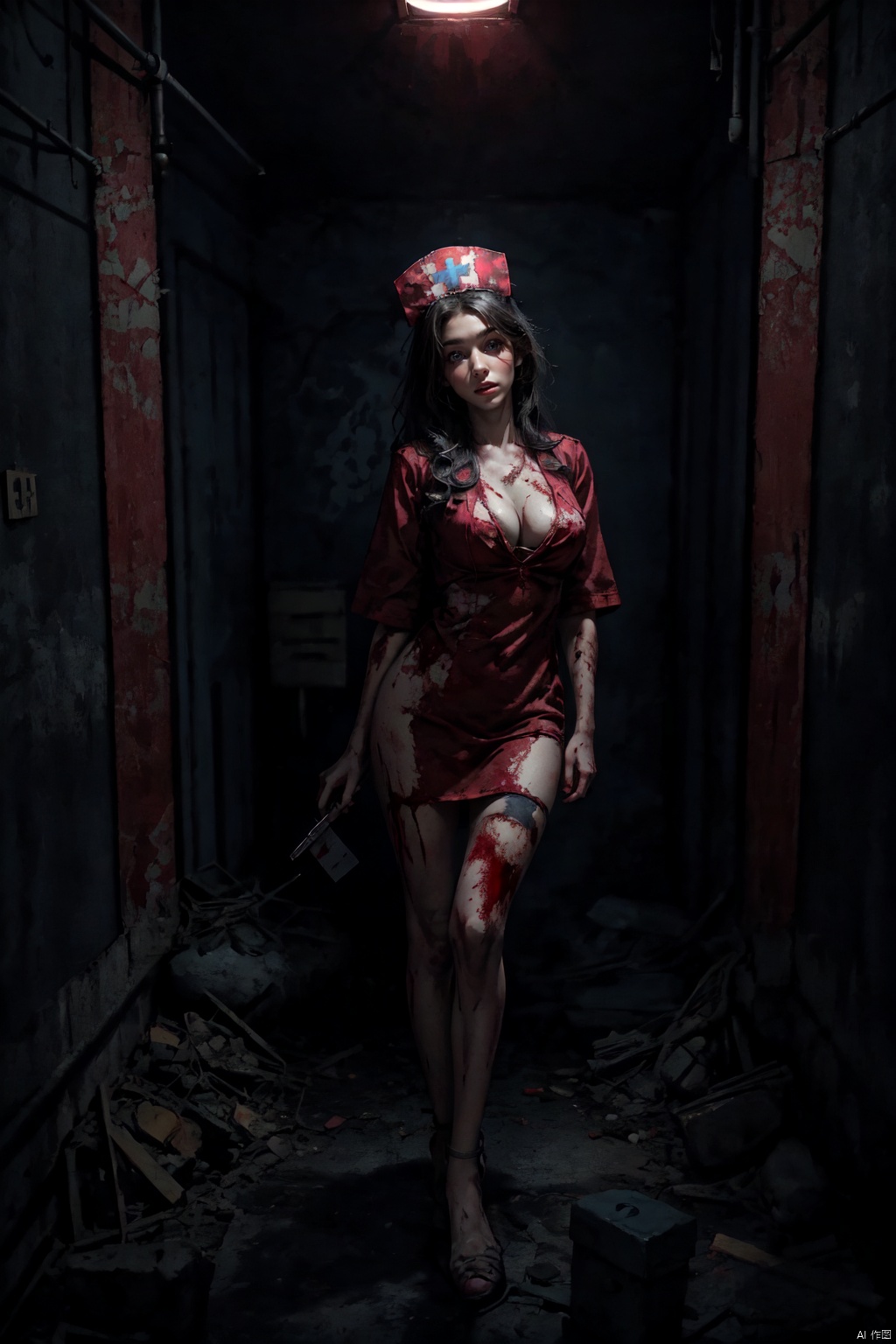  The phoenix eye, cold, cold, high (dark night: 1.2), (the eerie atmosphere: 1.2), (dim light: 1.2), blood-stained hands, diablo style, Creepy smile, bloody head, cold eyes, late night,(mutated blackened sexy female nurse :1.3), open pink nurse dress, syringe in hand, medical maniac, cleavage, stylish and delicate short hair, royal sister style, mouth with blood, livid skin, livid face, crazy, tattered clothes, half-length camera, (In a dark, abandoned hospital :1.2)