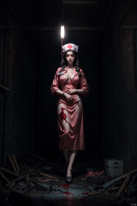  Red Phoenix eyes, cold, high cold,(dark night :1.2),(eerie atmosphere :1.2),(dim light :1.2), blood stained hands, dark style, weird smile, bloody head, cold eyes, late night,(mutation of black sexy female nurse :1.3), open pink nurse dress, holding a long knife in hand, Medical maniac, cleavage, long flowing hair, royal sister style, blood at the corners of the mouth, livid skin, livid face, crazy, tattered clothes, half camera, (in the dark abandoned hospital :1.2)