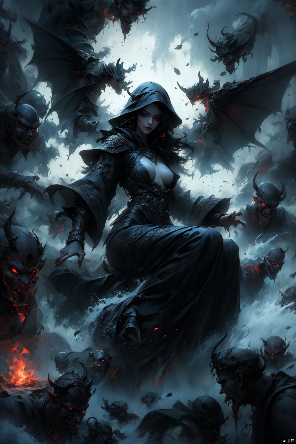  Female ghost king, black hooded cape, slender and slender figure, long red nails, firm and full dripping breasts, bare breasts, exposed breasts, open breasts, silver hair, long flowing hair, red eyes, eyes emitting black flames, holding a bone long sword, black shore flower, black flames around the body, emitting black rage around the body, Floating in the air, feet off the ground, foggy, huge black demon wings spread wide, demon tails