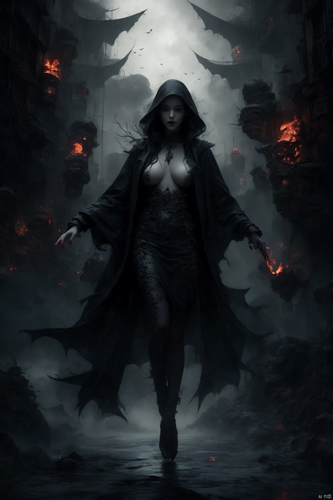  Female ghost king, black hooded cape, slender and slender figure, long red nails, firm and full dripping breasts, bare breasts, exposed breasts, open breasts, silver hair, long flowing hair, red eyes, eyes emitting black flames, holding a bone long sword, black shore flower, black flames around the body, emitting black rage around the body, Floating in the air, feet off the ground, foggy, with giant black bat wings and a demon tail on his back