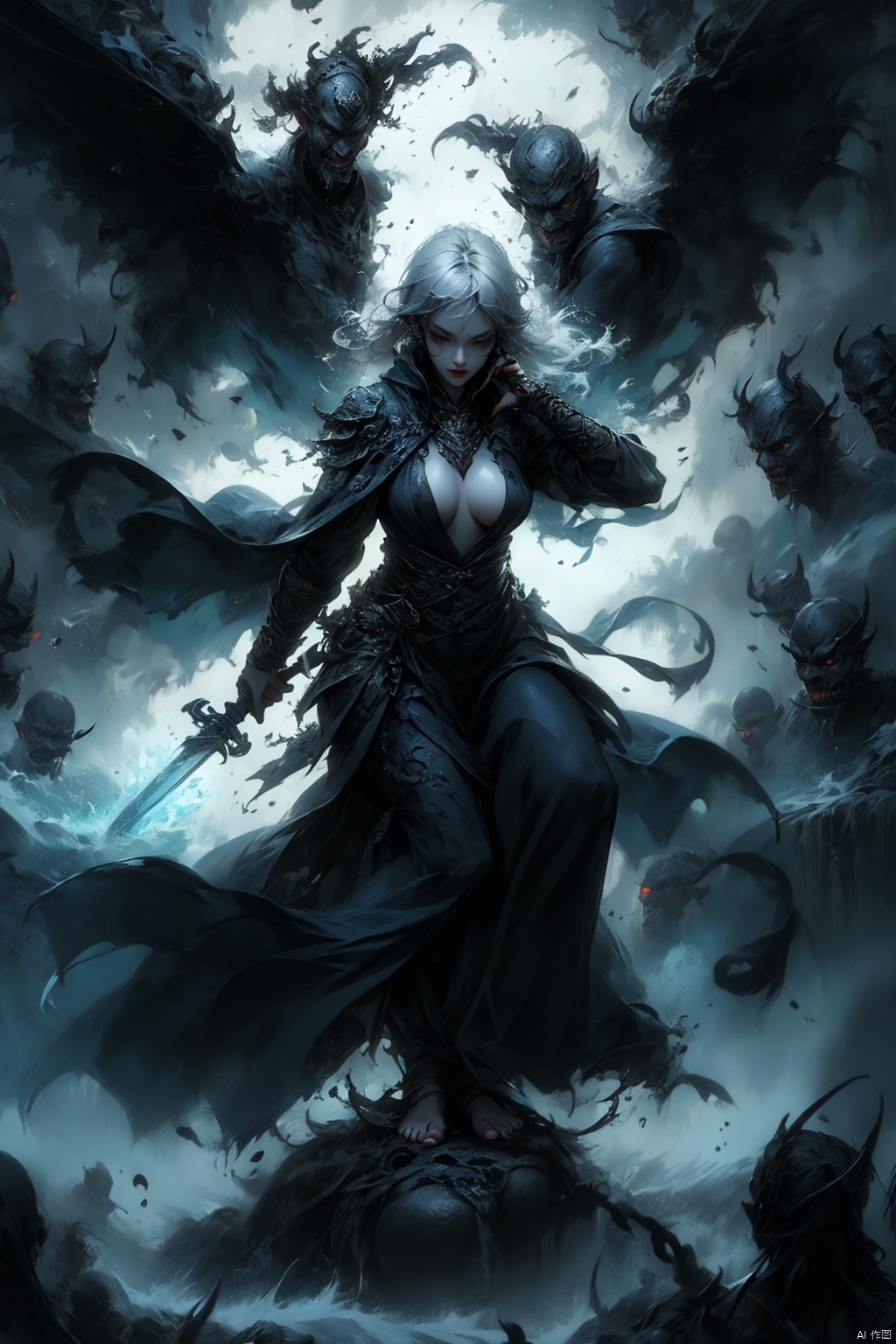  Female ghost king, black hooded cape, slender and slender figure, long red nails, firm and full dripping breasts, bare breasts, exposed breasts, open breasts, silver hair, long flowing hair, red eyes, eyes emitting black flames, holding a bone long sword, black shore flower, black flames around the body, emitting black rage around the body, Floating in the air, feet off the ground, foggy, huge black demon wings spread wide, demon tails