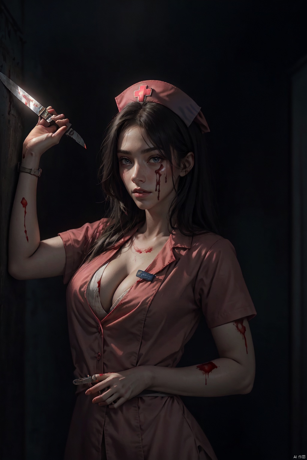  Red Phoenix eyes, cold, high cold,(dark night :1.2),(eerie atmosphere :1.2),(dim light :1.2), blood stained hands, dark style, weird smile, bloody head, cold eyes, late night,(mutation of black sexy female nurse :1.3), open pink nurse dress, holding a long knife in hand, Medical maniac, cleavage, long flowing hair, royal sister style, mouth with blood, lime-gray skin, lime-gray face, crazy, tattered clothes, uncovered, bust, (in the dark abandoned hospital :1.2)