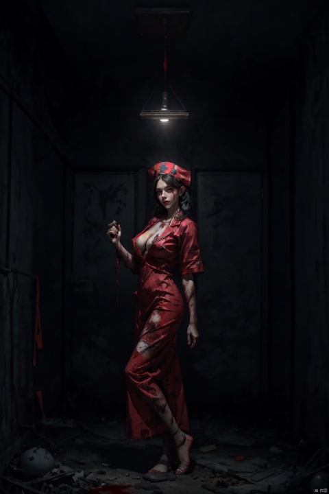 Red Phoenix eyes, cold, high cold,(dark night :1.2),(eerie atmosphere :1.2),(dim light :1.2), blood stained hands, dark style, weird smile, bloody head, cold eyes, late night,(mutation of black sexy female nurse :1.3), open pink nurse dress, holding a long knife in hand, Medical maniac, cleavage, long flowing hair, royal sister style, blood at the corners of the mouth, livid skin, livid face, crazy, tattered clothes, half camera, (in the dark abandoned hospital :1.2)