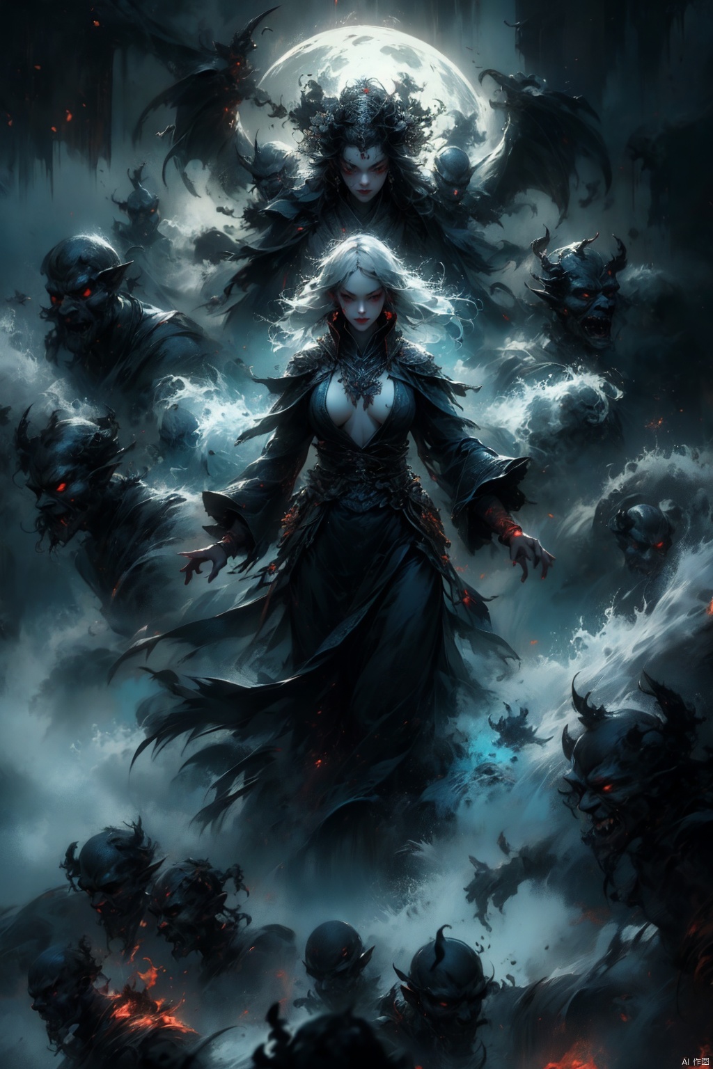  Female ghost king, black hooded cape, slender and slender figure, long red nails, firm and full dripping breasts, bare breasts, exposed breasts, open breasts, silver hair, long flowing hair, red eyes, eyes emitting black flames, holding a bone long sword, black shore flower, black flames around the body, emitting black rage around the body, Floating in the air, feet off the ground, foggy, huge black demon wings spread wide, demon tails