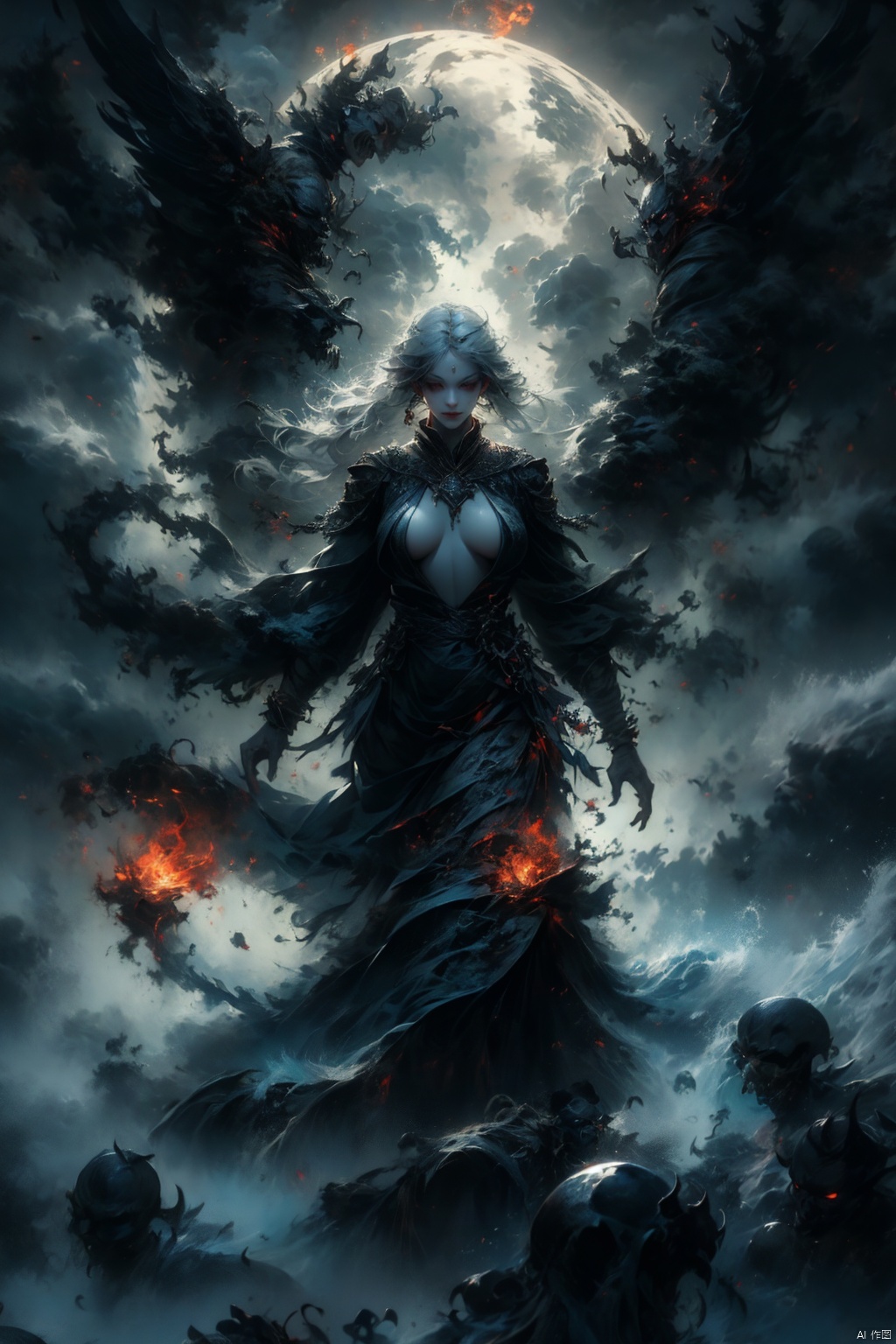 Female ghost king, black hooded cape, slender and slender figure, long red nails, firm and full dripping breasts, bare breasts, exposed breasts, open breasts, silver hair, long flowing hair, red eyes, eyes emitting black flames, holding a bone long sword, black shore flower, black flames around the body, emitting black rage around the body, Floating in the air, feet off the ground, fog in the air, thunder and lightning, storms, huge black demon wings spread wide, demon tails