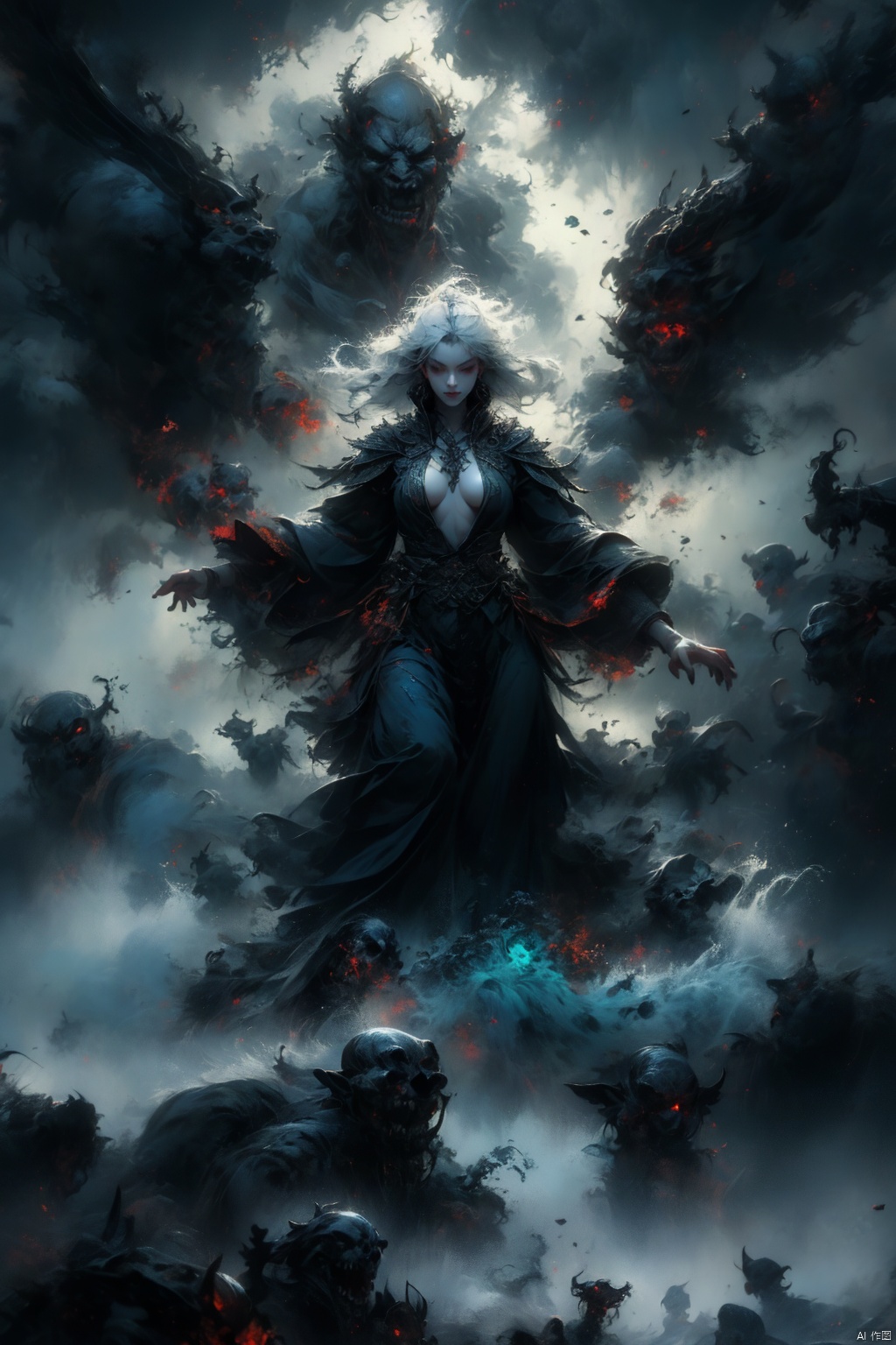 Female ghost king, black hooded cape, slender and slender figure, long red nails, firm and full dripping breasts, bare breasts, exposed breasts, open breasts, silver hair, long flowing hair, red eyes, eyes emitting black flames, holding a bone long sword, black shore flower, black flames around the body, emitting black rage around the body, Floating in the air, feet off the ground, fog in the air, thunder and lightning, storms, huge black demon wings spread wide, demon tails