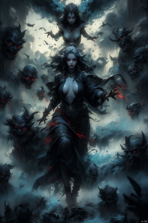  Female ghost king, black hooded cape, slender and slender figure, long red nails, firm and full dripping breasts, bare breasts, exposed breasts, open breasts, silver hair, long flowing hair, red eyes, eyes emitting black flames, holding a bone long sword, black shore flower, black flames around the body, emitting black rage around the body, Floating in the air, feet off the ground, foggy, huge black demon wings spread wide, demon tails